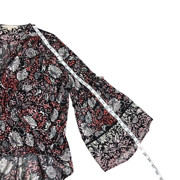 Love Stitch Top Women M Black Floral Metallic Wrap Cross Over Bell Sleeve Boho - Picture 14 of 16